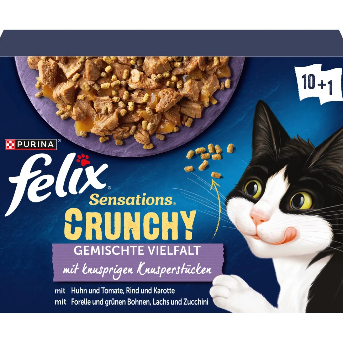 Felix Sensations Crunchy 10 x 85 g + 40 g de bouchées croustillantes Variété de saveurs aux légumes^ Nourriture Humide
