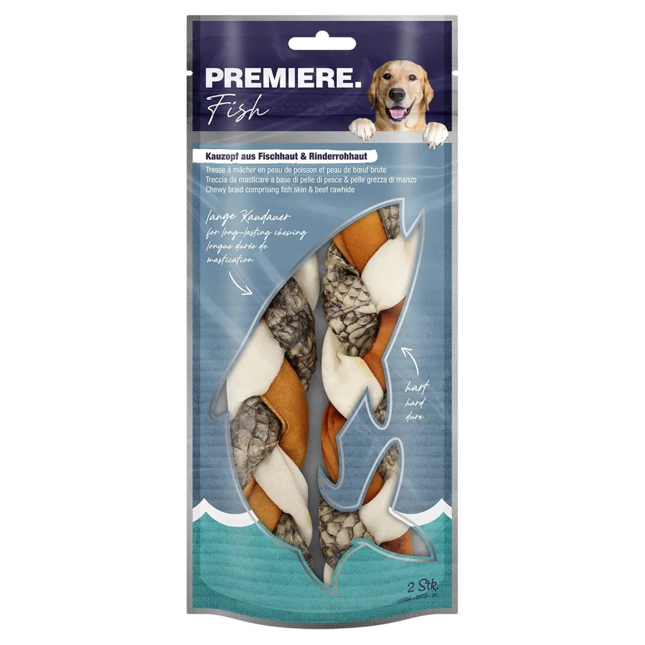 PREMIERE Tresse à mâcher en peau de poisson et en peau brute de bœuf 130 g^ Friandises