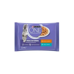 Purina ONE - Sachets pour Chat Sensible au Thon, au Poulet et aux Carottes 4 x 85 g^ Nourriture Humide