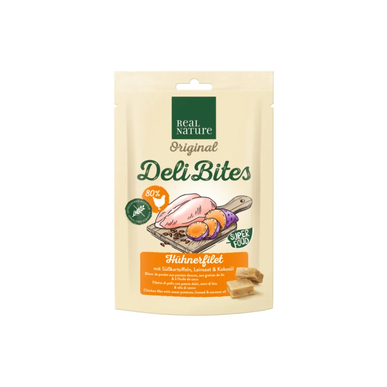 REAL NATURE Original Deli Bites 150 g Filet de poulet aux patates douces, aux graines de lin et à l’huile de coco^ Friandises|Nourriture