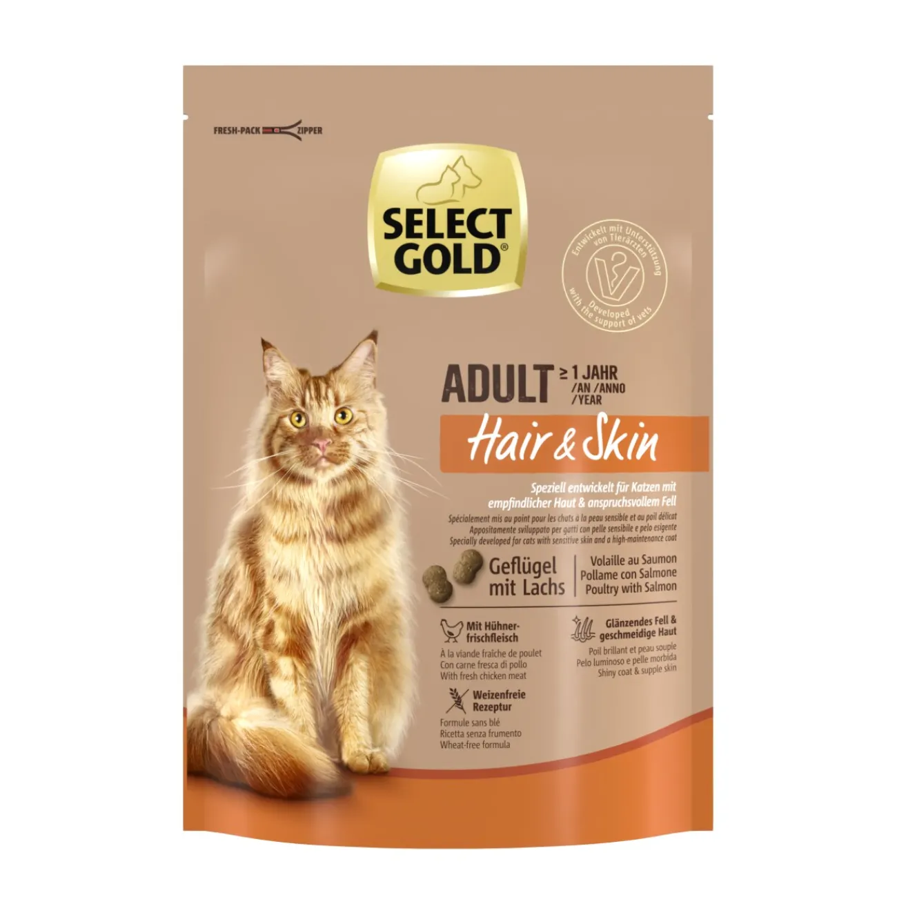 SELECT GOLD Hair+Skin Adult Saumon et volaille 300 g^ Croquettes Pour Chat