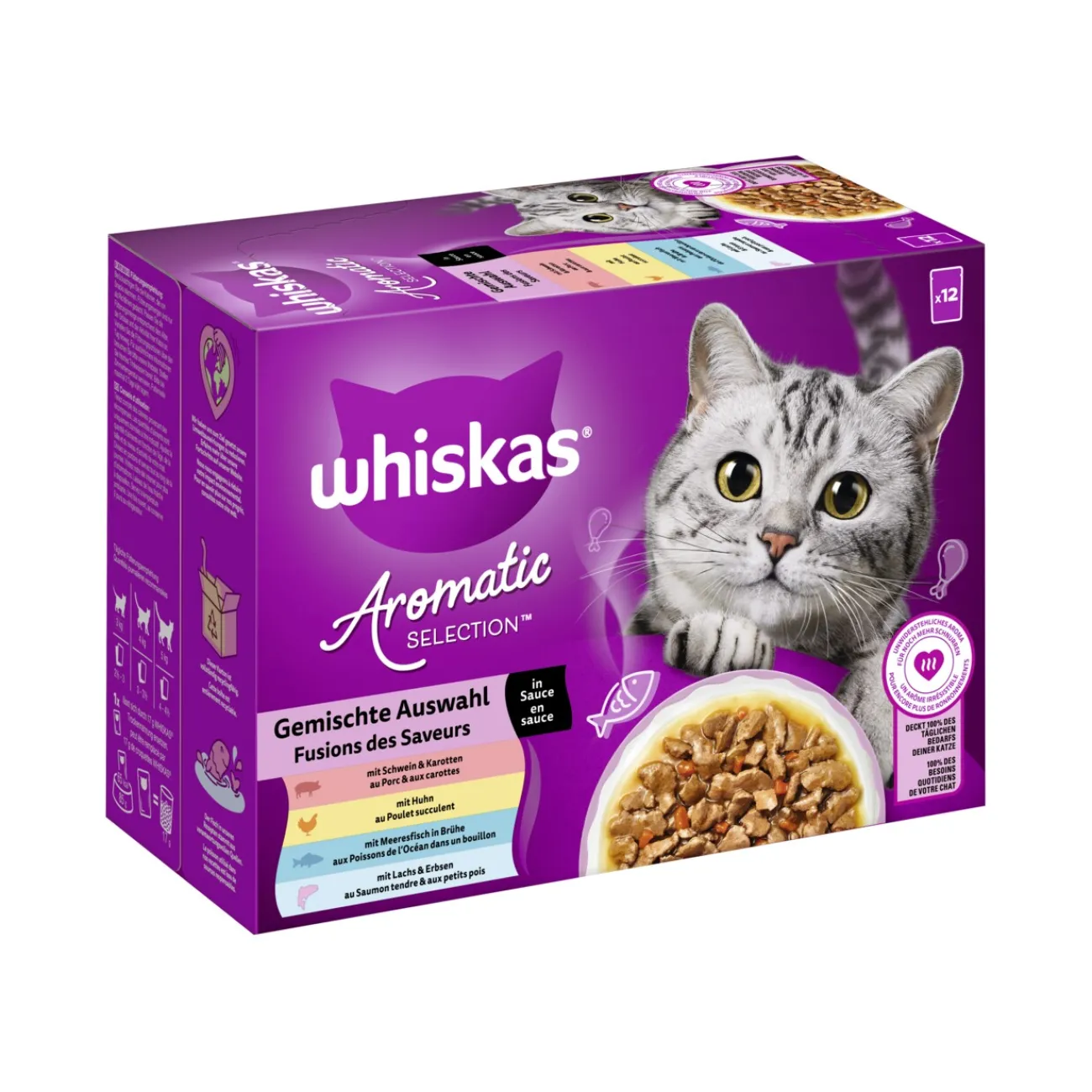 Whiskas Nourriture humide pour chat adulte, Multipack, 1+ Sélection variée, en sauce 12x85 g^ Nourriture Humide